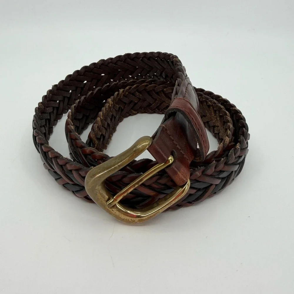 Vtg Woven Leather Belt Mens 40 Brown Black Braided Solid Brass Buckle Italy USA